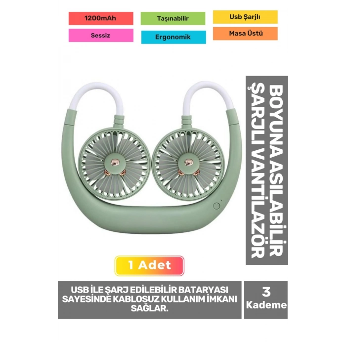 Premium Sessiz Sarı Eller Serbest Boyuna Asılabilir Şarjlı 3 Kademeli Vantilatör Klima Soğutucu Fan