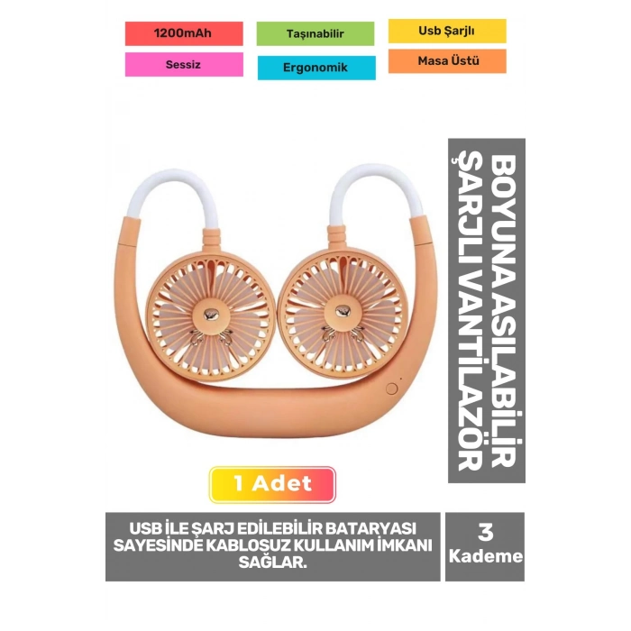 Premium Sessiz Sarı Eller Serbest Boyuna Asılabilir Şarjlı 3 Kademeli Vantilatör Klima Soğutucu Fan