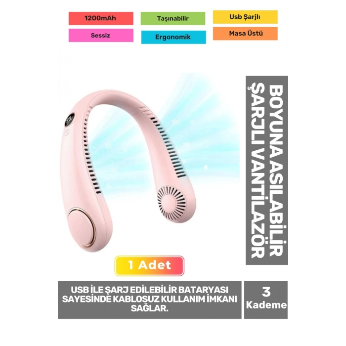 Premium Sessiz Sarı Eller Serbest Boyuna Asılabilir Şarjlı 3 Kademeli Vantilatör Klima Soğutucu Fan