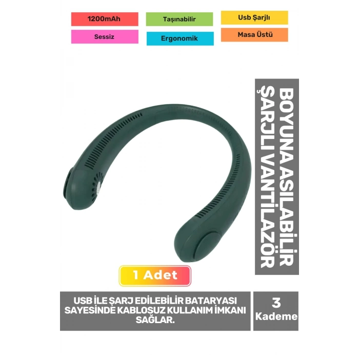 Premium Sessiz Sarı Eller Serbest Boyuna Asılabilir Şarjlı 3 Kademeli Vantilatör Klima Soğutucu Fan