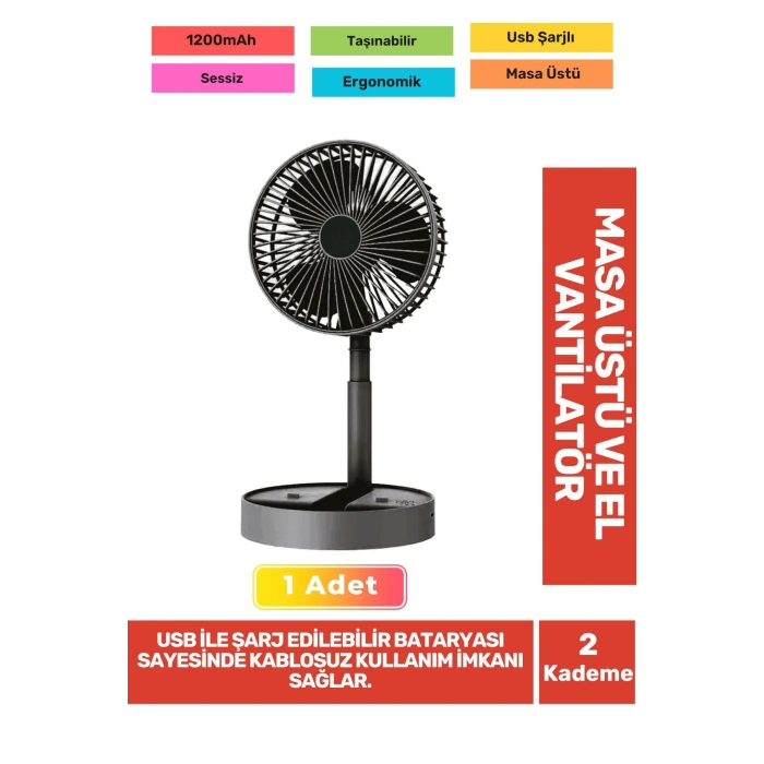 Sessiz 3 Kademeli Hafif Kablosuz 1200mAh Pervaneli Taşınabilir Usb Şarjlı Masa El Fanı Vantilatör