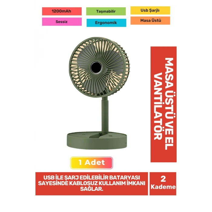 Sessiz 3 Kademeli Hafif Kablosuz 1200mAh Pervaneli Taşınabilir Usb Şarjlı Masa El Fanı Vantilatör