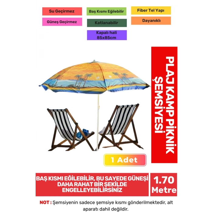 Güneş Su Geçirmez Fiber Tel Büyük Boy Katlanabilir Taşınabilir Dayanıklı 170cm Kamp Plaj Şemsiyesi