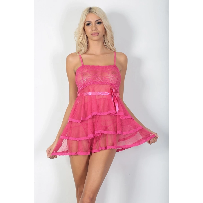 Özel Üretim Fantezi Transparan Seksi Kadın Şık Rahat Zarif Büyüleyici Fuşya Dantel Gecelik