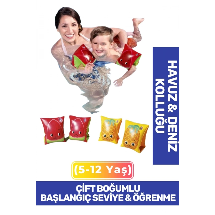 Meyve Desenli Başlangıç Seviye Çift Boğumlu 5-12 Yaş Çocuk Deniz Havuz Yüzme Öğrenme Şişme Kolluğu