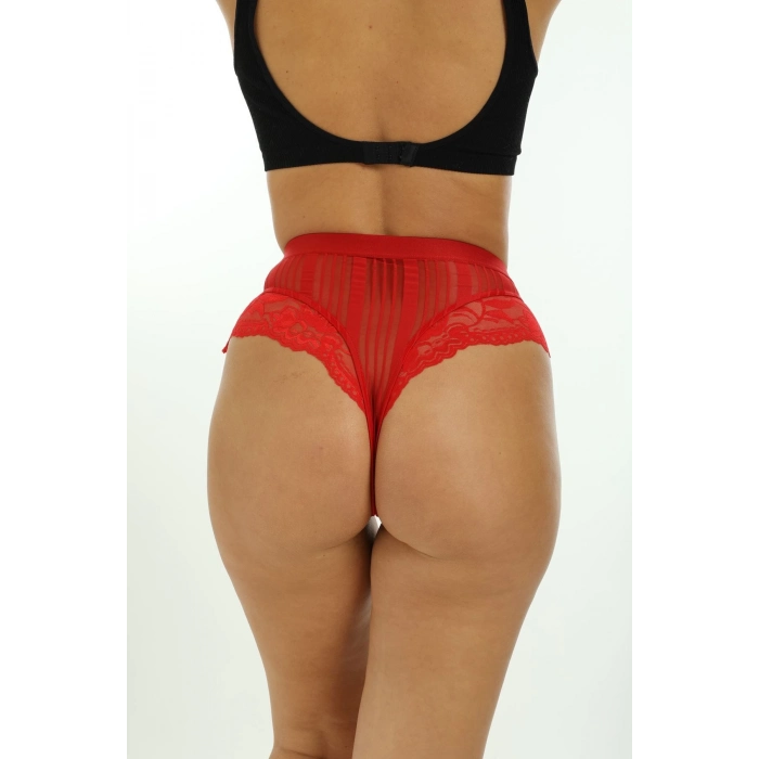 Özel Tasarım Fantezi Yüksek Bel Veronica Zarif Şık Rahat Kırmızı Kadın Çizgili Külot