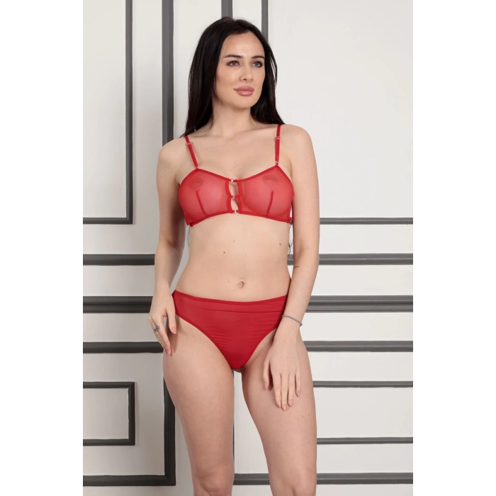 Özel Tasarım Transparan İç Gösteren Fantezi Erotik Seksi Zarif Şık Kırmızı Tül Külot Sütyen Takım