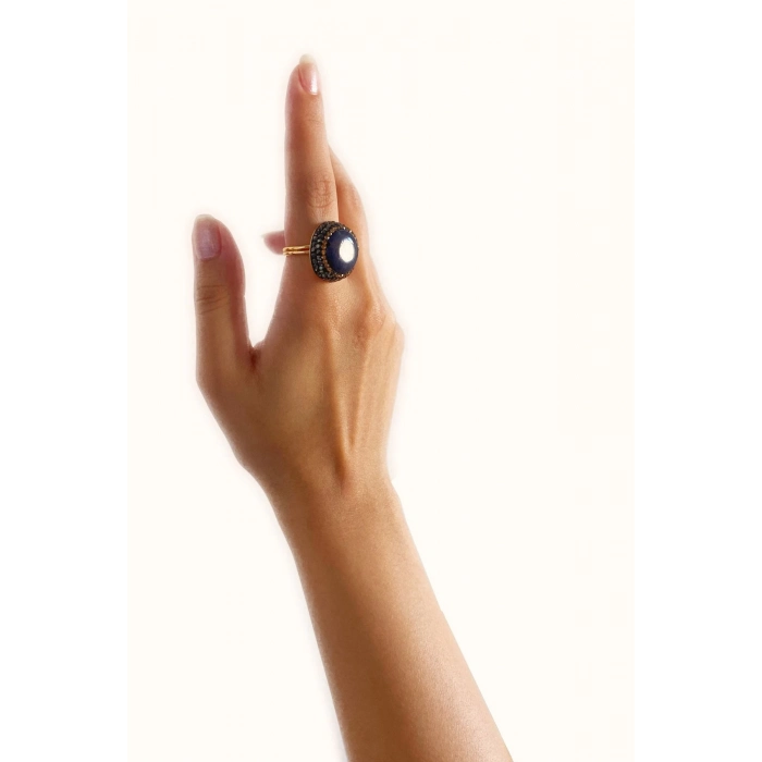 Mead Özel Tasarım Hafif Kararmaz Doğal Taş Detaylı Ayarlanabilir Altın Pirinç Kaplama Kadın Yüzük