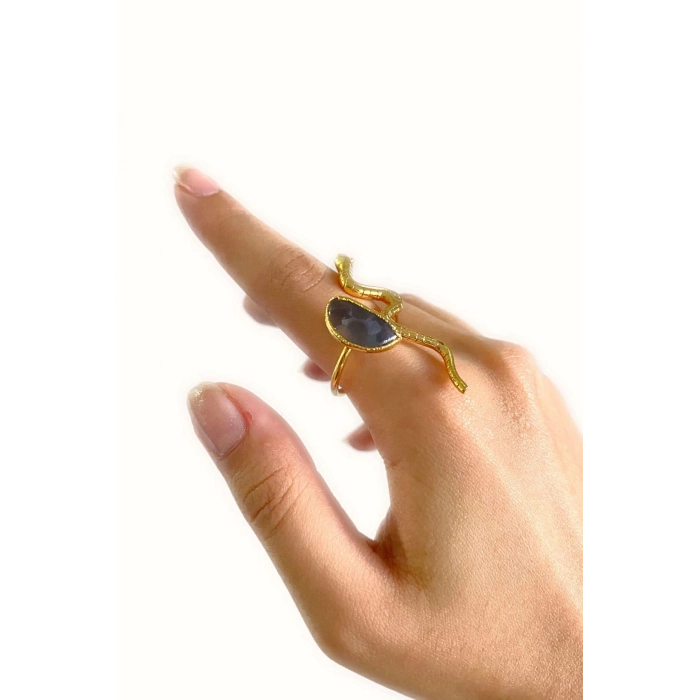 Vendi Altın Pirinç Kaplama Özel Tasarım Hafif Doğal Taş Ayarlanabilir Şık Kararmaz Kadın Yüzük