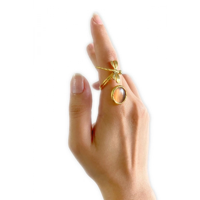 Mosta Altın Pirinç Kaplama Özel Tasarım Hafif Doğal Taş Ayarlanabilir Şık Kararmaz Kadın Yüzük