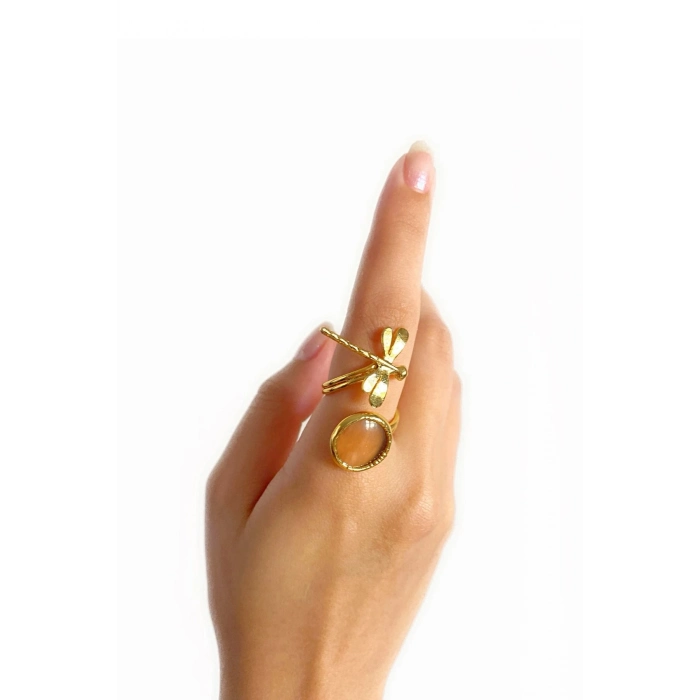 Mosta Altın Pirinç Kaplama Özel Tasarım Hafif Doğal Taş Ayarlanabilir Şık Kararmaz Kadın Yüzük