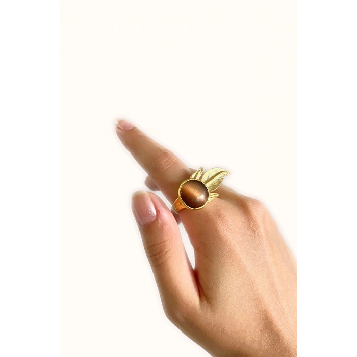 Esso Altın Pirinç Kaplama Özel Tasarım Hafif Doğal Taş Ayarlanabilir Şık Kararmaz Kadın Yüzük