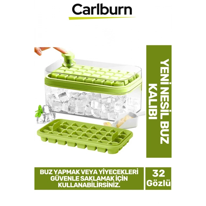Yeni Nesil Düğmeli Basmalı Çift 32 Yuvalı Buz Küpü Kalıbı Saklama Kutulu
