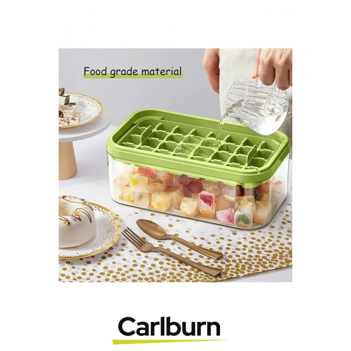 Yeni Nesil Düğmeli Basmalı Çift 32 Yuvalı Buz Küpü Kalıbı Saklama Kutulu