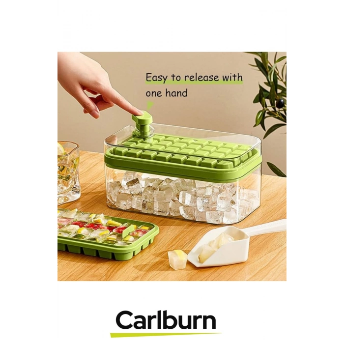 Yeni Nesil Düğmeli Basmalı Çift 32 Yuvalı Buz Küpü Kalıbı Saklama Kutulu