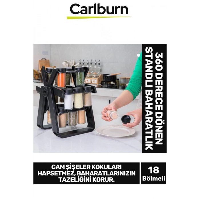 Özel Tasarım Dayanıklı Mutfak 360 Derece Dönen Standlı 18 Adet 100ml Cam Baharatlık 34x26x23 cm