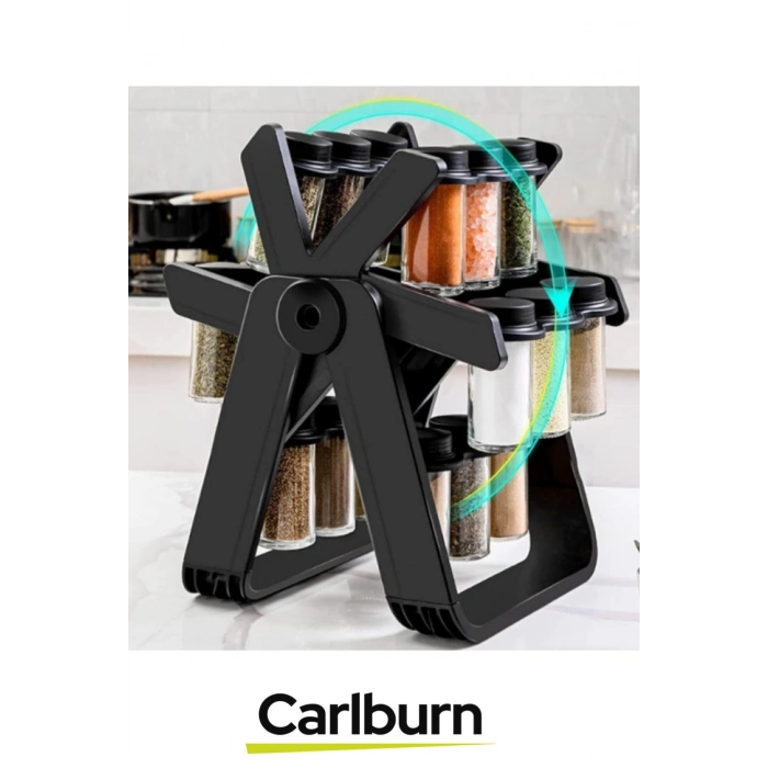 Özel Tasarım Dayanıklı Mutfak 360 Derece Dönen Standlı 18 Adet 100ml Cam Baharatlık 34x26x23 cm