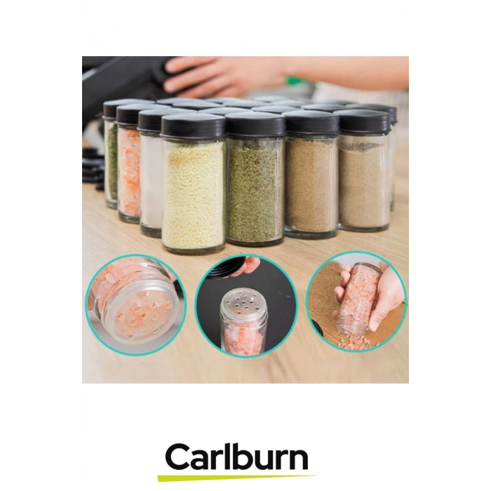 Özel Tasarım Dayanıklı Mutfak 360 Derece Dönen Standlı 18 Adet 100ml Cam Baharatlık 34x26x23 cm