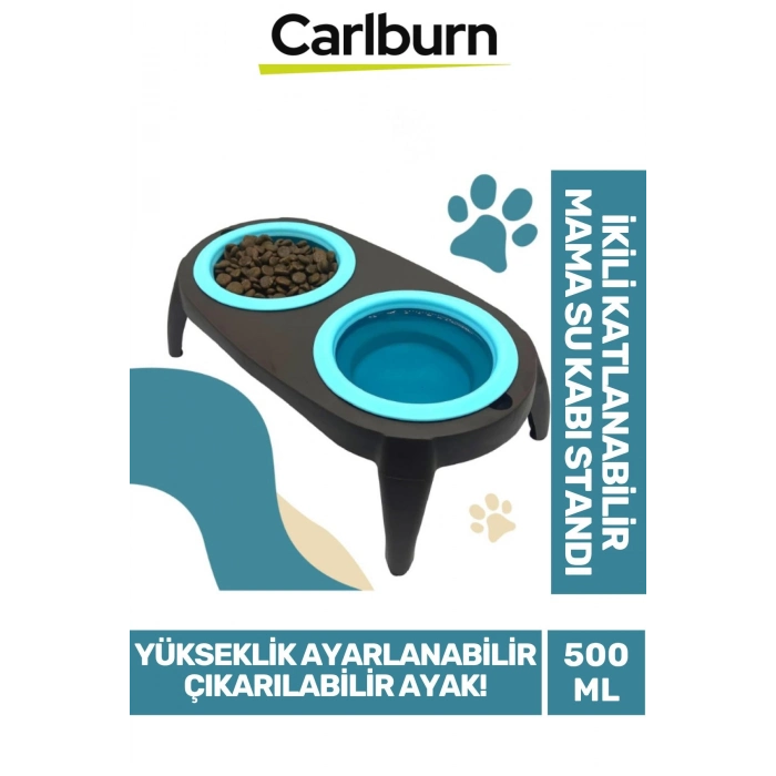 Premium Ayarlanabilir Yükseklik Kedi Köpek İkili Katlanabilir Evcil Hayvan Mama Su Kabı Standı 500Ml