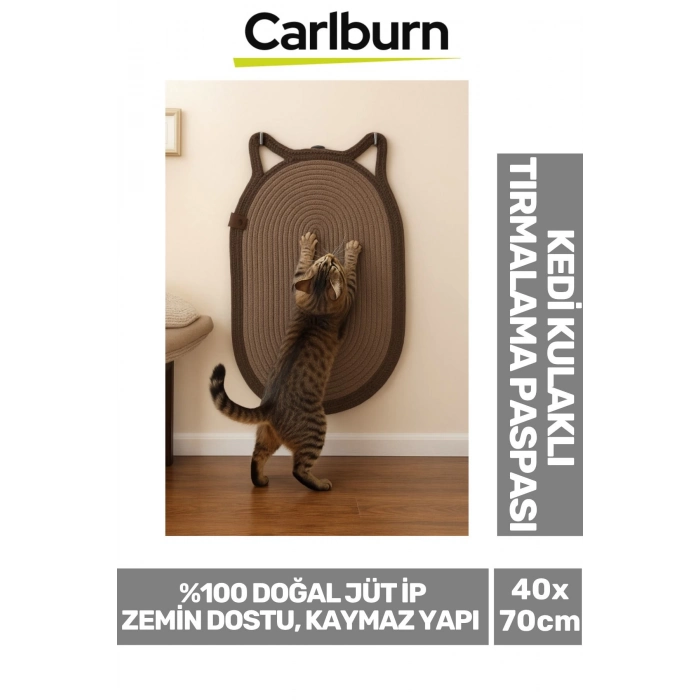 Özel Üretim Zemin Dostu Kaymaz %100 Doğal Jüt İp Dekoratif Kedi Kulaklı Tırmalama Paspası 40x70cm
