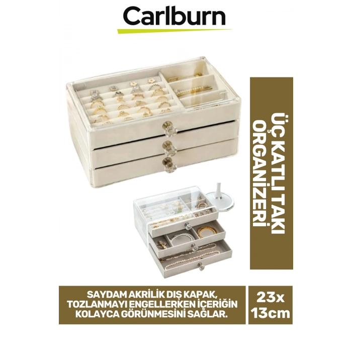 Özel Tasarım Çok Gözlü Saydam Kapak Yüzük Küpe Kolye Kadife Kaplı Üç Katlı Takı Organizeri