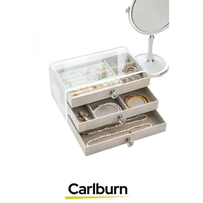 Özel Tasarım Çok Gözlü Saydam Kapak Yüzük Küpe Kolye Kadife Kaplı Üç Katlı Takı Organizeri