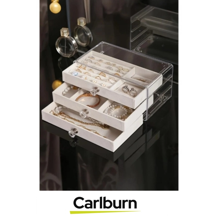 Özel Tasarım Çok Gözlü Saydam Kapak Yüzük Küpe Kolye Kadife Kaplı Üç Katlı Takı Organizeri