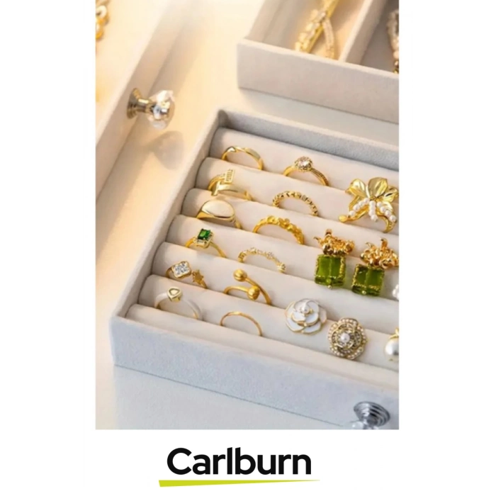 Özel Tasarım Çok Gözlü Saydam Kapak Yüzük Küpe Kolye Kadife Kaplı Üç Katlı Takı Organizeri