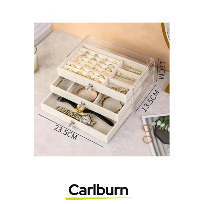 Özel Tasarım Çok Gözlü Saydam Kapak Yüzük Küpe Kolye Kadife Kaplı Üç Katlı Takı Organizeri