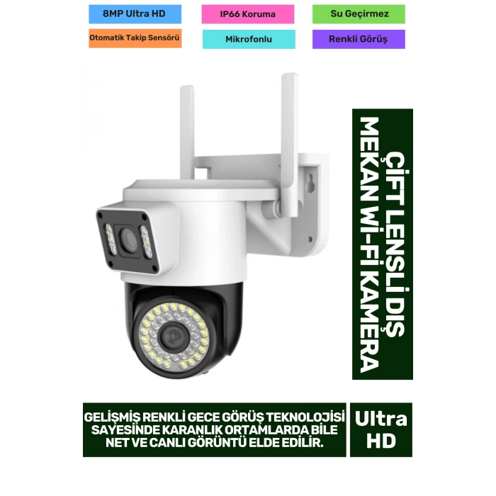 8MP Ultra HD 355° Yatay 90° Dikey Çift Lensli Otomatik Takip Dış Mekan Wi-Fi Mobil İzlenen Kamera