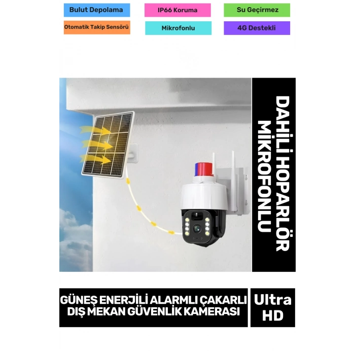 IP66 Suya Karşı Koruma Renkli Gece Görüşlü Güneş Enerjili Alarmlı Çakarlı Dış Mekan Güvenlik Kamera