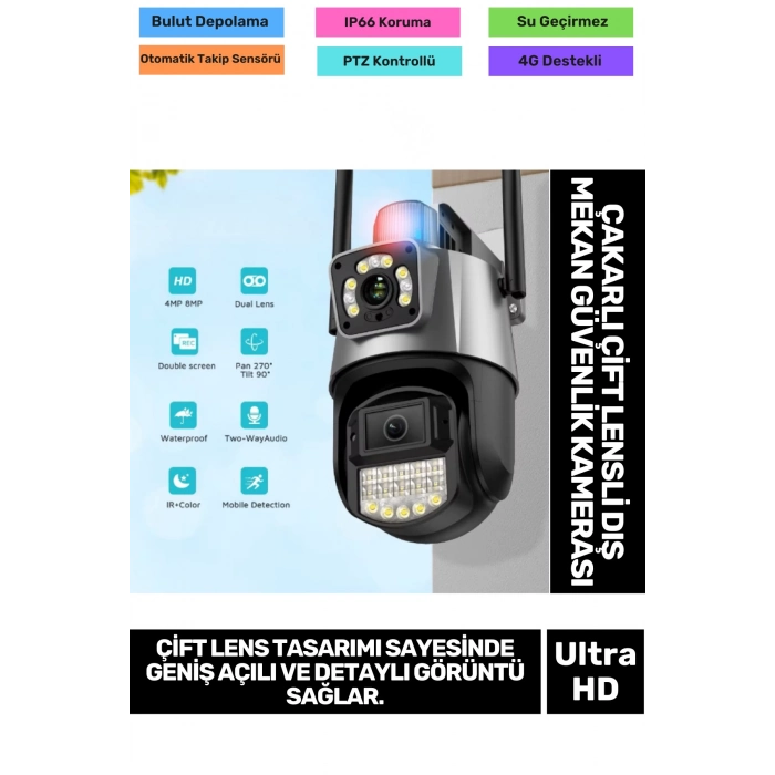 IP66 Su Geçirmez Tam Renkli Görüntüleme Hareket Sensör Çakarlı Çift Lensli Dış Mekan Güvenlik Kamera