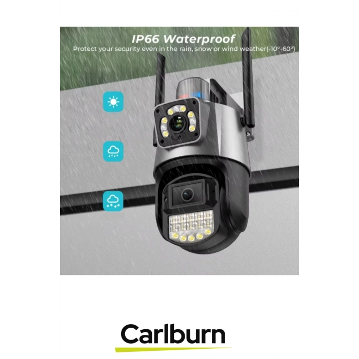 IP66 Su Geçirmez Tam Renkli Görüntüleme Hareket Sensör Çakarlı Çift Lensli Dış Mekan Güvenlik Kamera