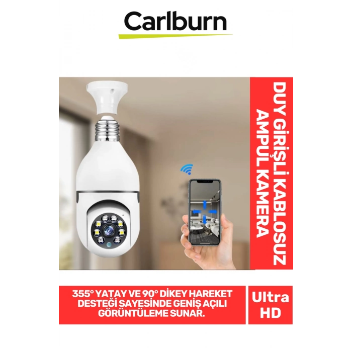 355° Yatay ve 90° Dikey Hareket E27 Duy Girişli Bulut Depolama Çift Yönlü Ses Kablosuz Ampul Kamera