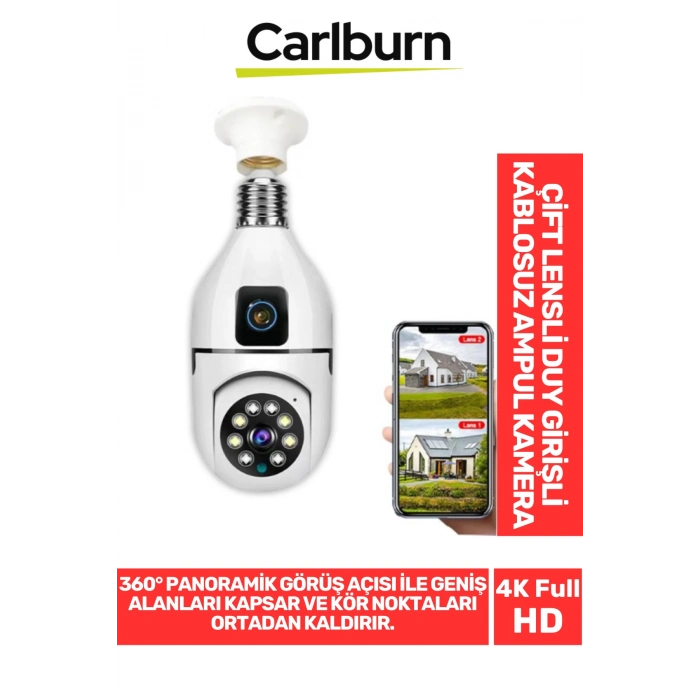 360° Panoramik Görüş 4K Full HD Çift Lensli E27 Duy Girişli 8 MP Kablosuz Ampul Kamera