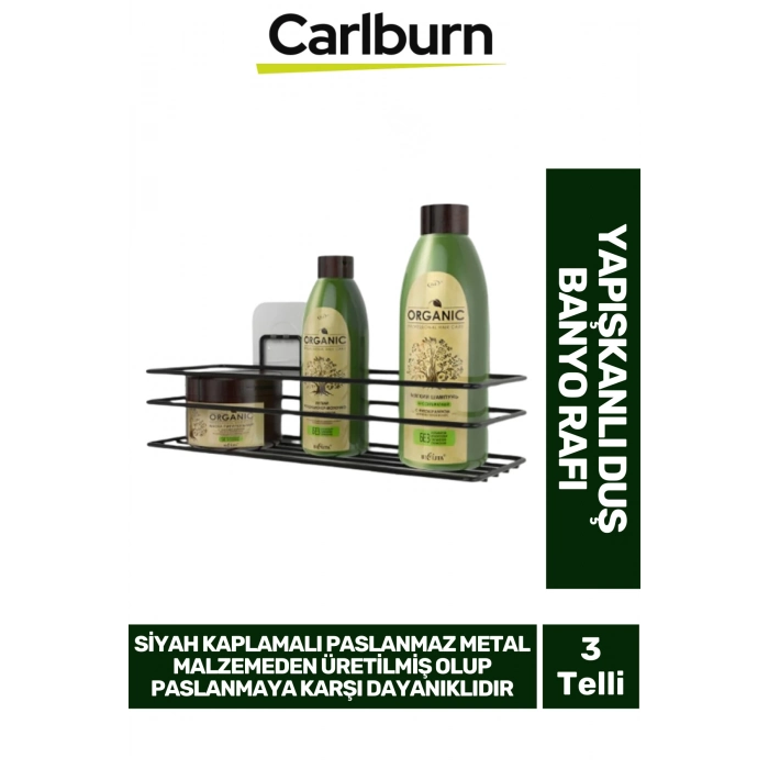 Siyah Kaplama Paslanmaz Metal Su Birikimi Yapmaz Şeffaf Yapışkanlı 5 KG Taşıyabilen Duş Banyo Rafı