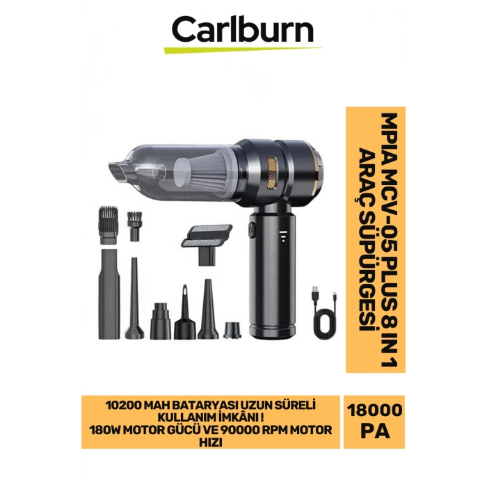 Premium 18000 PA Çekim Emiş Gücü 180W Led Göstergeli 0.5L Hacimli Şarjlı 10200 mAh Araç Süpürgesi