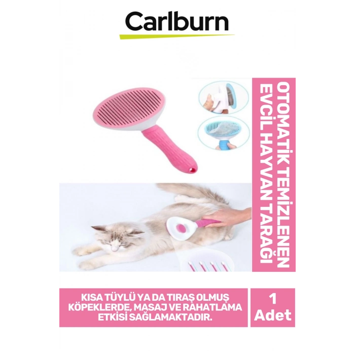 Premium Otomatik Tuşlu Temizlenen Evcil Hayvan Kedi Köpek Pet Tüy Toplayıcı Tarağı - Pembe