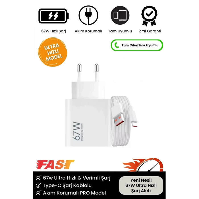 Premium 67W Ultra Hızlı Şarj Seti Adaptör + Type C Kablosu Tüm Telefonlara Uyumlu Şarj Cihazı
