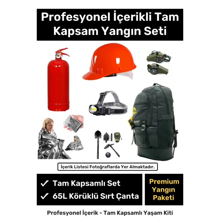 Premium Tam Kapsamlı Hazır Yangın Tüpü Battaniye Kazma Kürek Baret Dahil Acil Durum Sırt Çantası