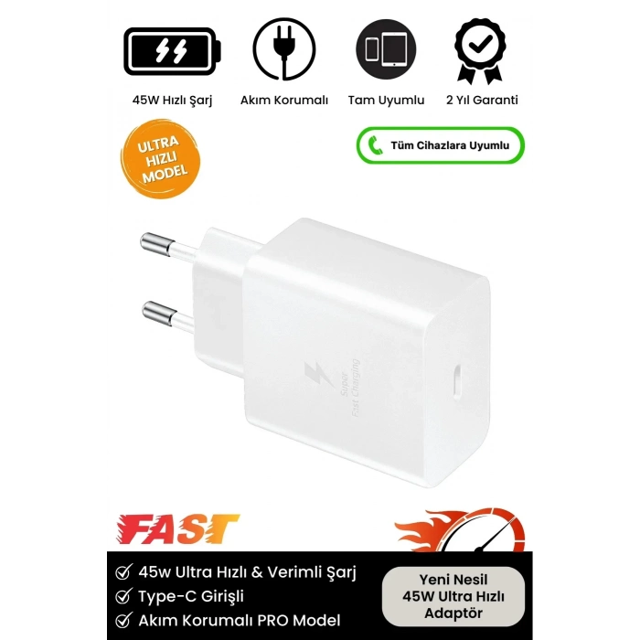 Premium 45W Ultra Hızlı Şarj Seti Adaptör + Type C Kablosu Tüm Telefonlara Uyumlu Şarj Cihazı