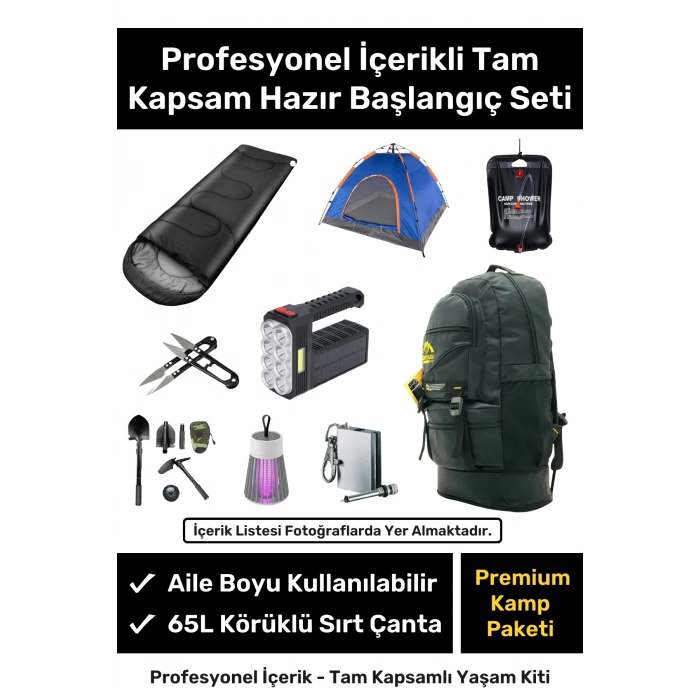 Profesyonel Tam Kapsamlı İçerik Hazır Başlangıç Seti Çadır 65L Körüklü Kamp Sırt Çantası Yaşam Kiti