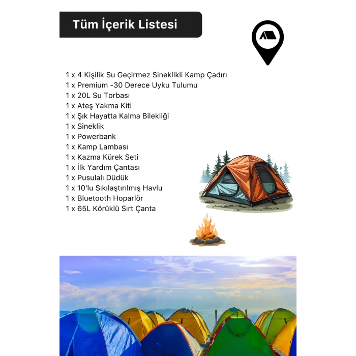 Profesyonel Tam Kapsamlı İçerik Hazır Başlangıç Seti Çadır 65L Körüklü Kamp Sırt Çantası Yaşam Kiti