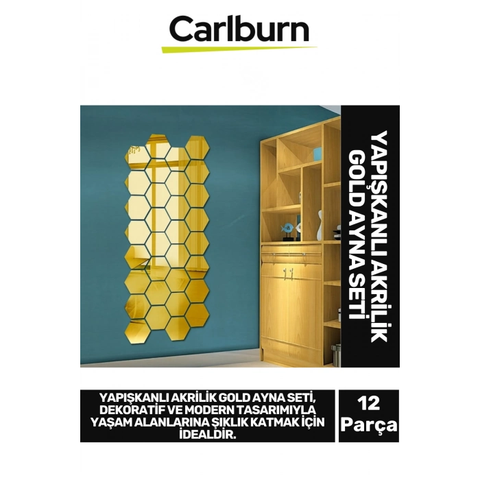 Özel Üretim Dekoratif Modern Altıgen Ev Ofis Duvar Dolap Yapışkanlı Akrilik Gold Ayna Seti 12 Adet