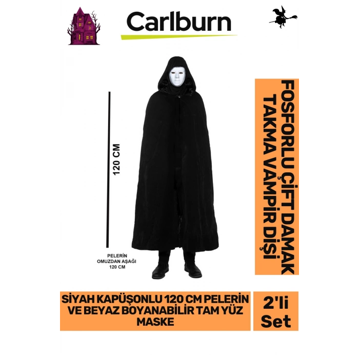 Parti Eğlence Siyah Kapüşonlu 120 cm Pelerin ve Beyaz Boyanabilir Tam Yüz Maske Kostüm Seti
