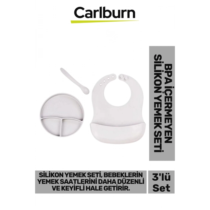 Özel Üretim BPA İçermeyen Kaymaz Önlük Diş Kaşıyıcı Kaşık Vakumlu Tabak 3’lü Silikon Gri Yemek Seti