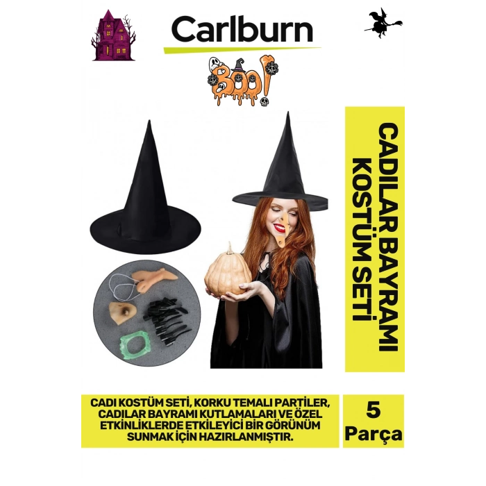 Özel Üretim Kaliteli Korku Temalı Uzun Sivri Şapkası Tırnakları Burnu Çenesi Dişi Cadı Kostüm Seti