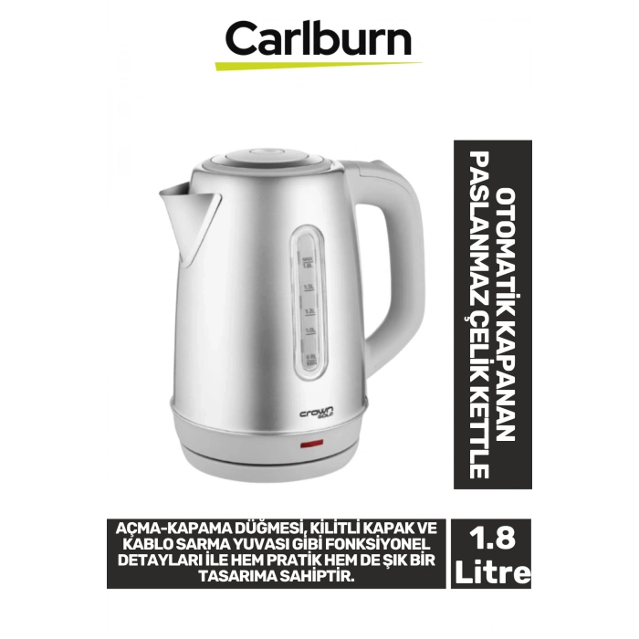 Premium 1800W 1.8 Litre Kapasiteli 304 Paslanmaz Çelik Otomatik Kapanan 360 Derece Dönen Kettle