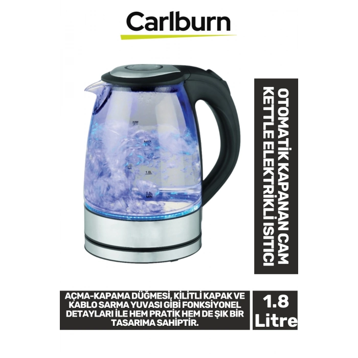 Premium 1500W Şeffaf Görüntü Su Seviye Takip Led Aydınlatma 1.8 Litre Cam Kettle Elektrikli Isıtıcı