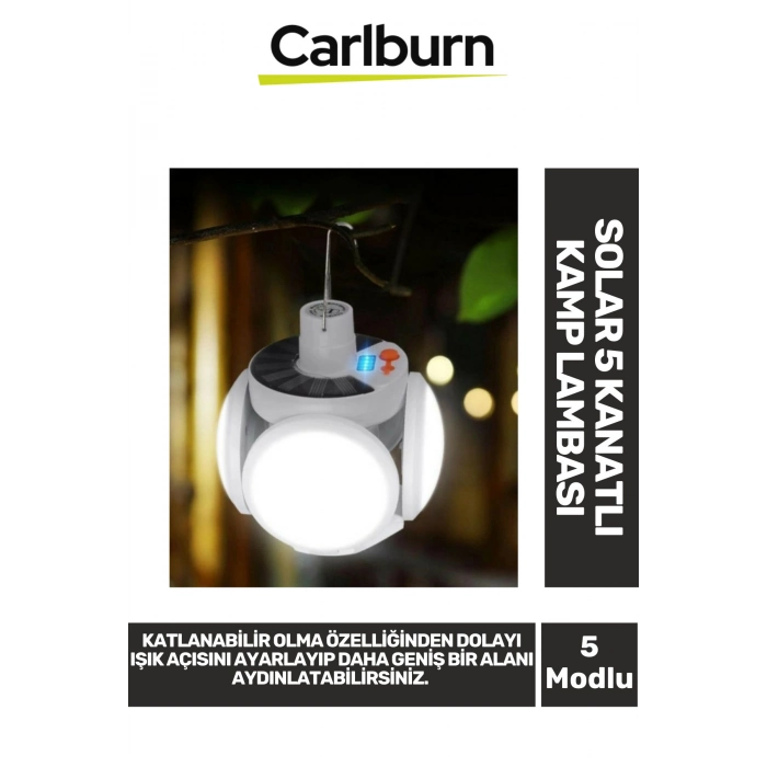 Premium Katlanabilir Su Geçirmez 2400 mAh 5 Modlu IP65 Güneş Enerjili Solar 5 Kanatlı Kamp Lambası